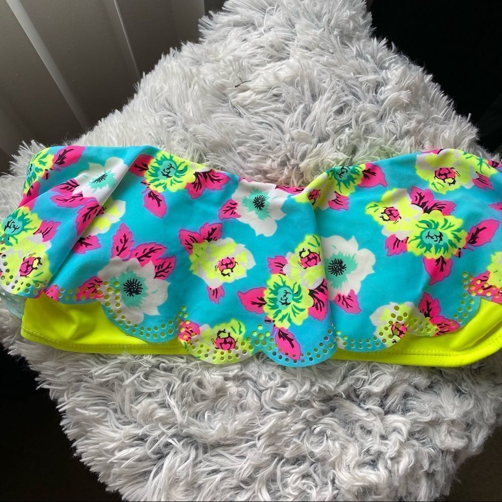 Bongo Bikini Bra Top Neon Yellow Blue Ruffles.